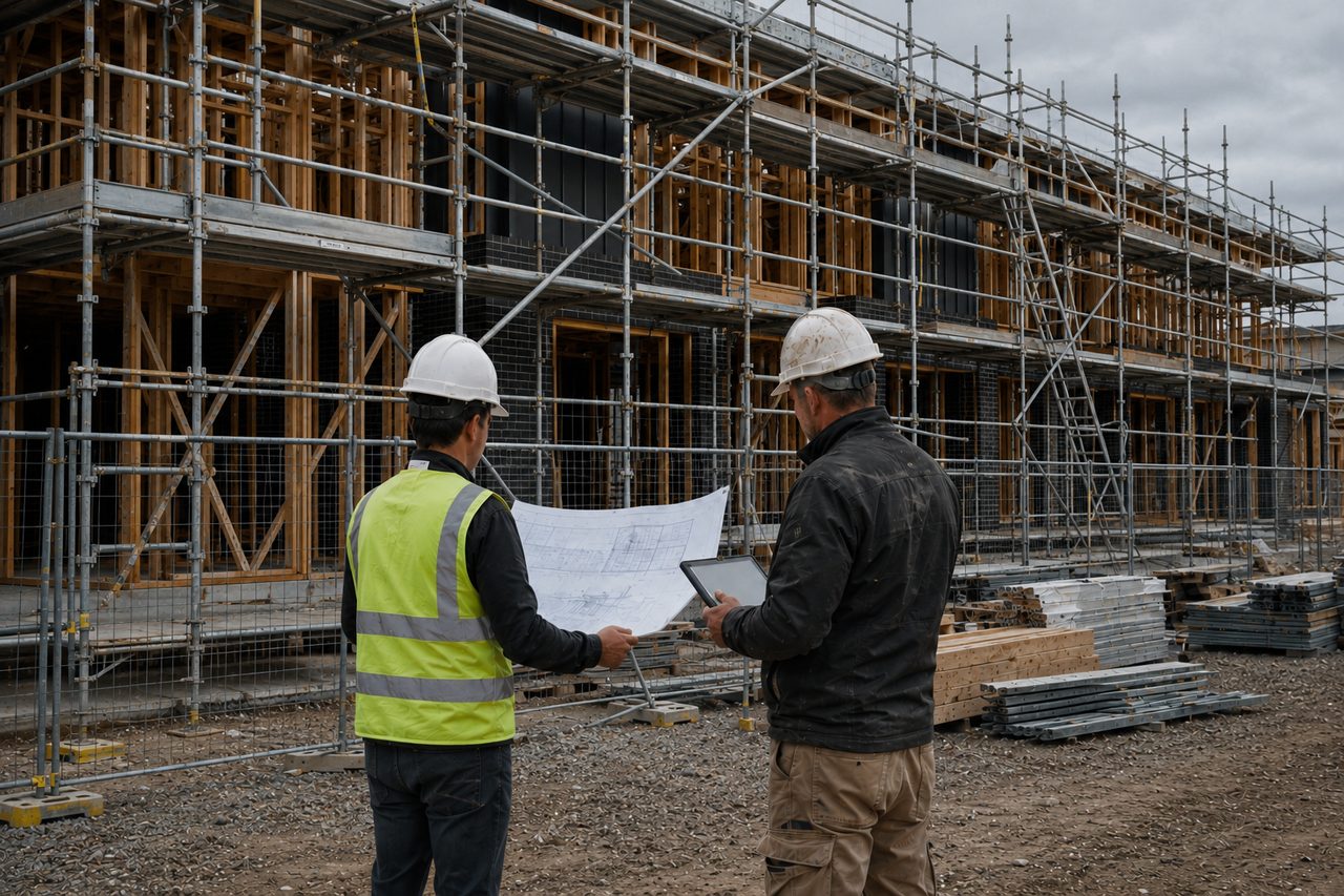 Site manager and builder reviewing drawings in front of townhouses under construction