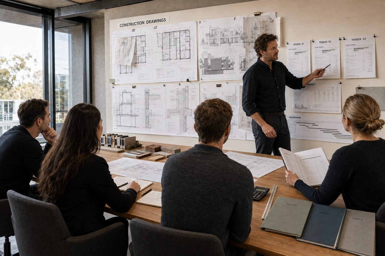 Construction drawings and builder tender summaries reviewed with a client team