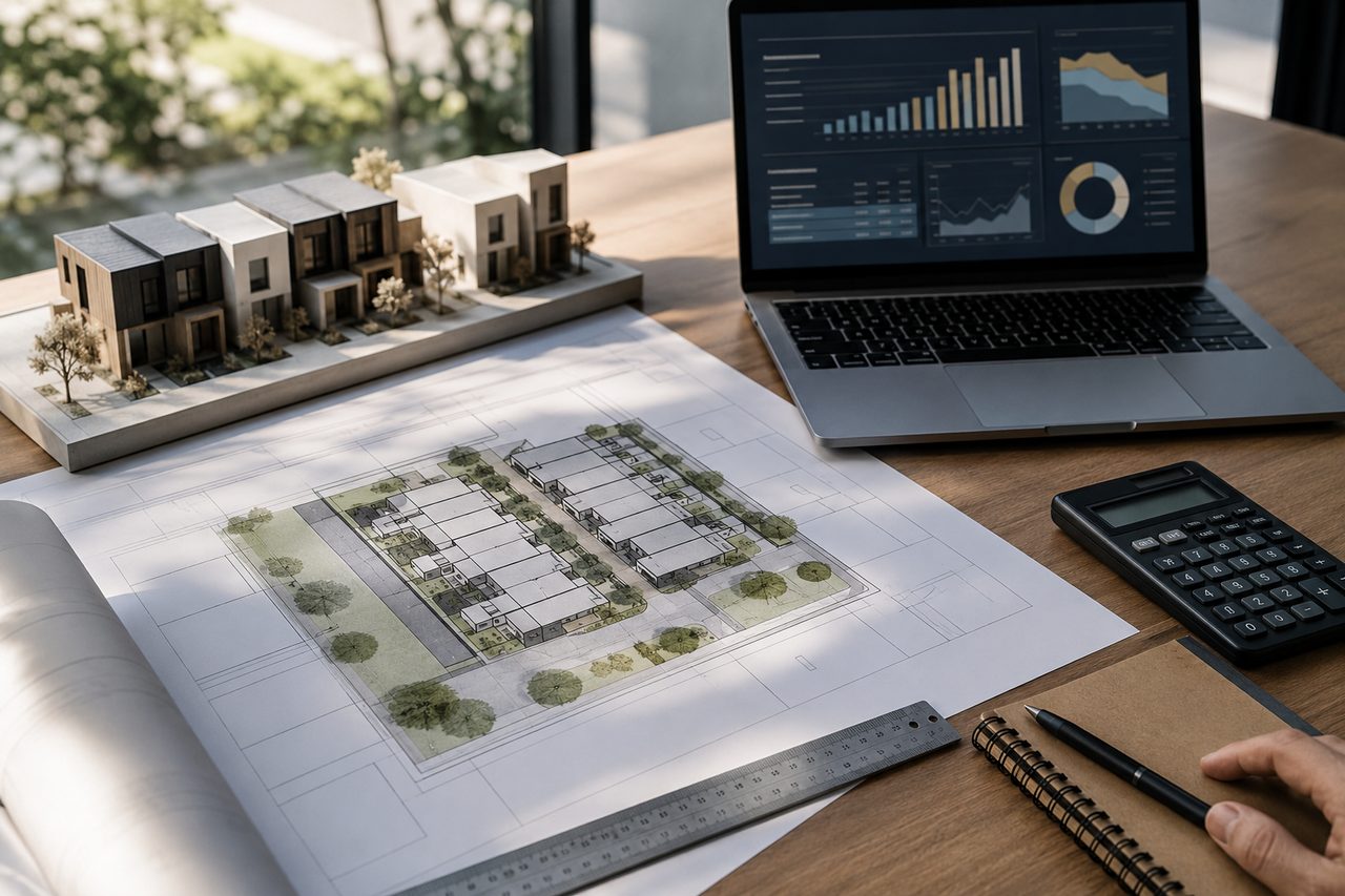 Feasibility desk with a townhouse model, site plan and yield charts on a laptop