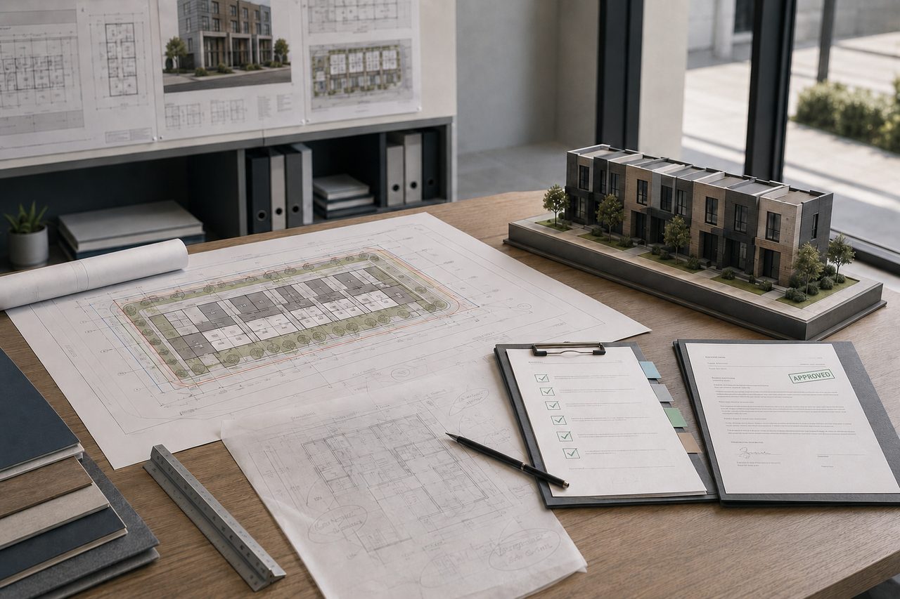Planning desk with a townhouse model, site plan and an approved permit letter